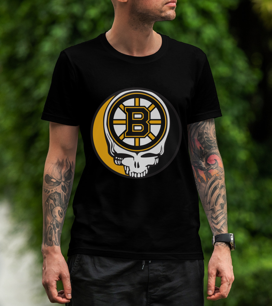 Boston Bruins And Grateful Dead Skull Logo Fusion T-Shirt