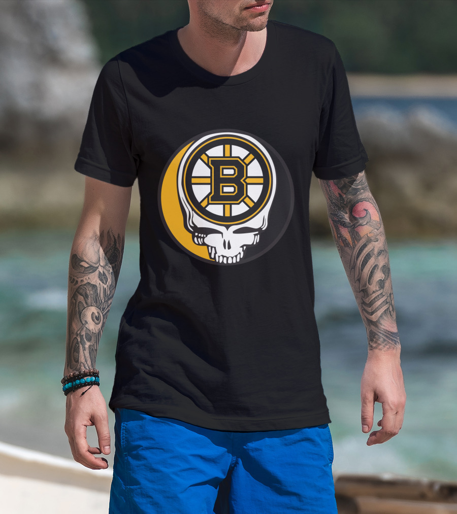 Boston Bruins And Grateful Dead Skull Logo Fusion T-Shirt