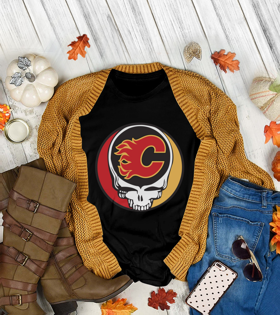 Grateful Dead Calgary Flames Fans Skull Logo Collaboration T-Shirt