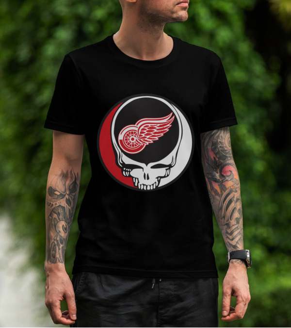 Grateful Dead Skull With Detroit Red Wings Logo For Fans T-Shirt
