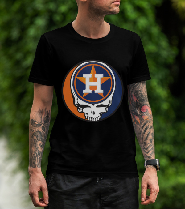 Grateful Dead Skull With Houston Astros Logo And Star In Orange And Blue T-Shirt