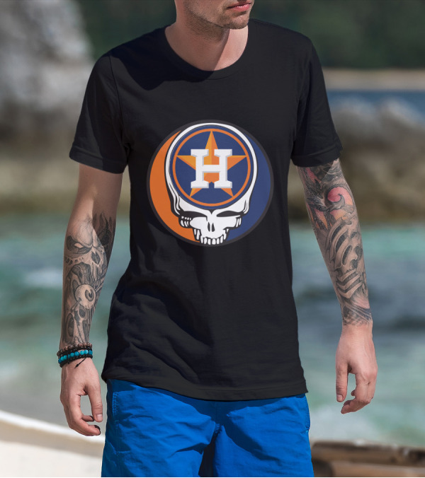 Grateful Dead Skull With Houston Astros Logo And Star In Orange And Blue T-Shirt