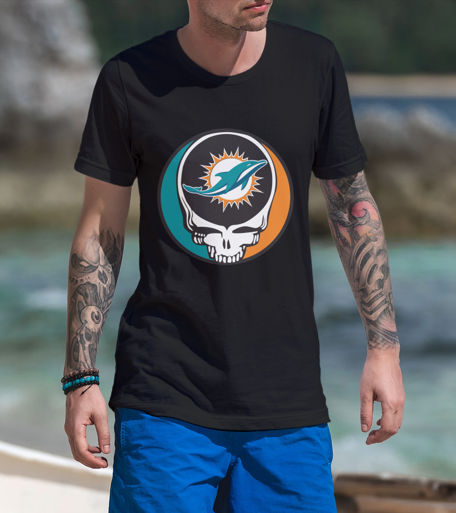 Grateful Dead Skull With Miami Dolphins Logo Fusion For Fans T-Shirt