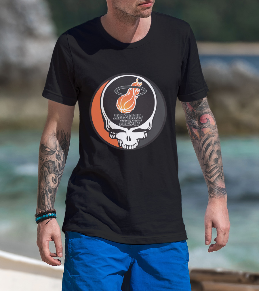 Miami Heat Flaming Basketball Skull Grateful Dead Style T-Shirt