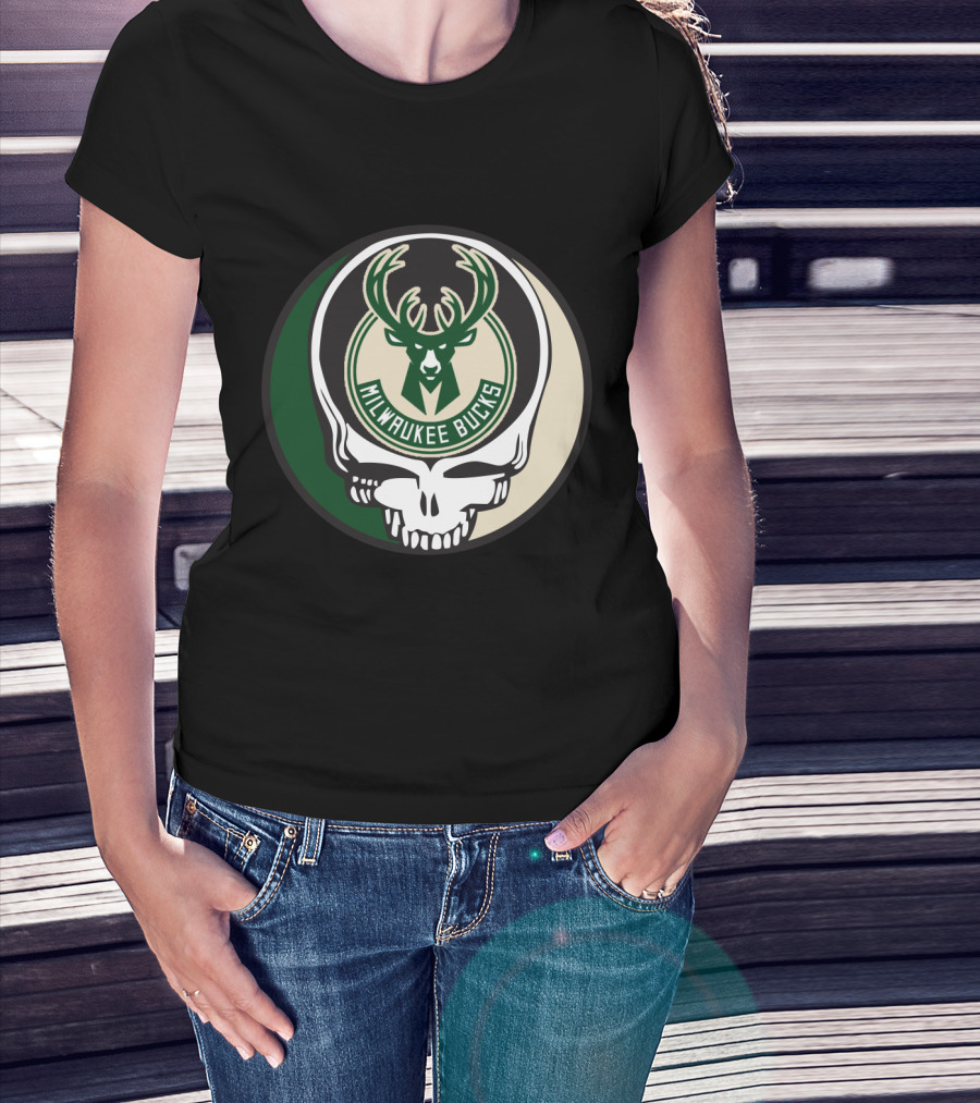 Milwaukee Bucks Grateful Dead Skull Logo Fusion T-Shirt