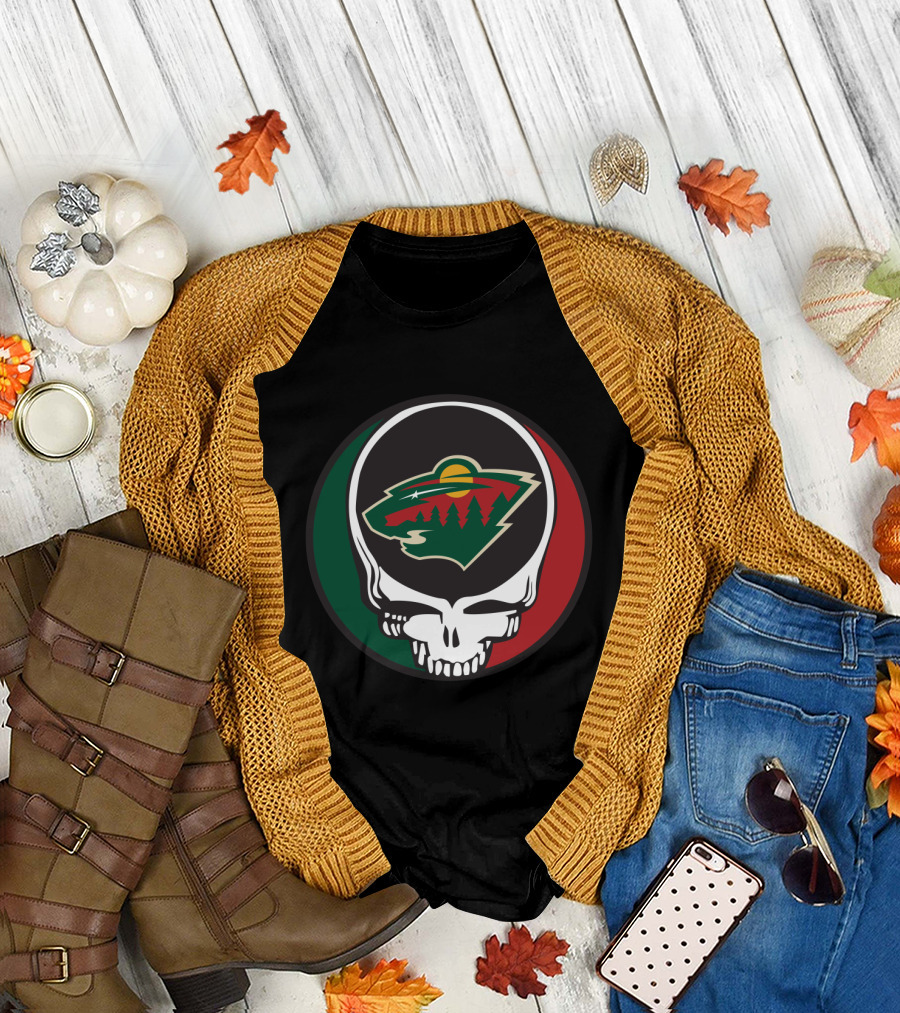 Minnesota Wild Fans Grateful Dead Skull and Bear Head T-Shirt