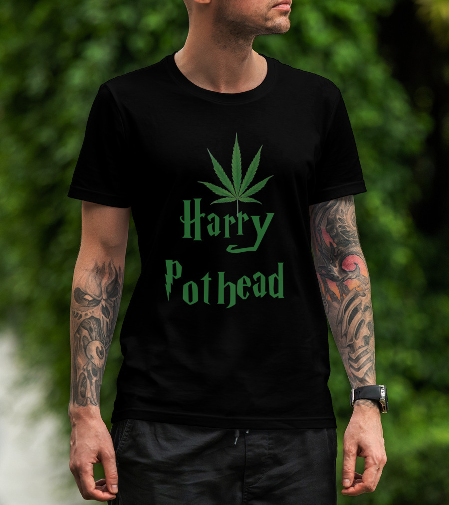 Harry Pothead Cannabis Leaf Parody Design With Iconic Wizard Font T-Shirt