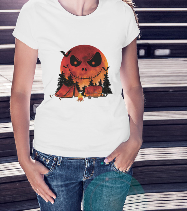 Jack Skellington Halloween Camping Under Blood Moon With Tent And Camper T-Shirt