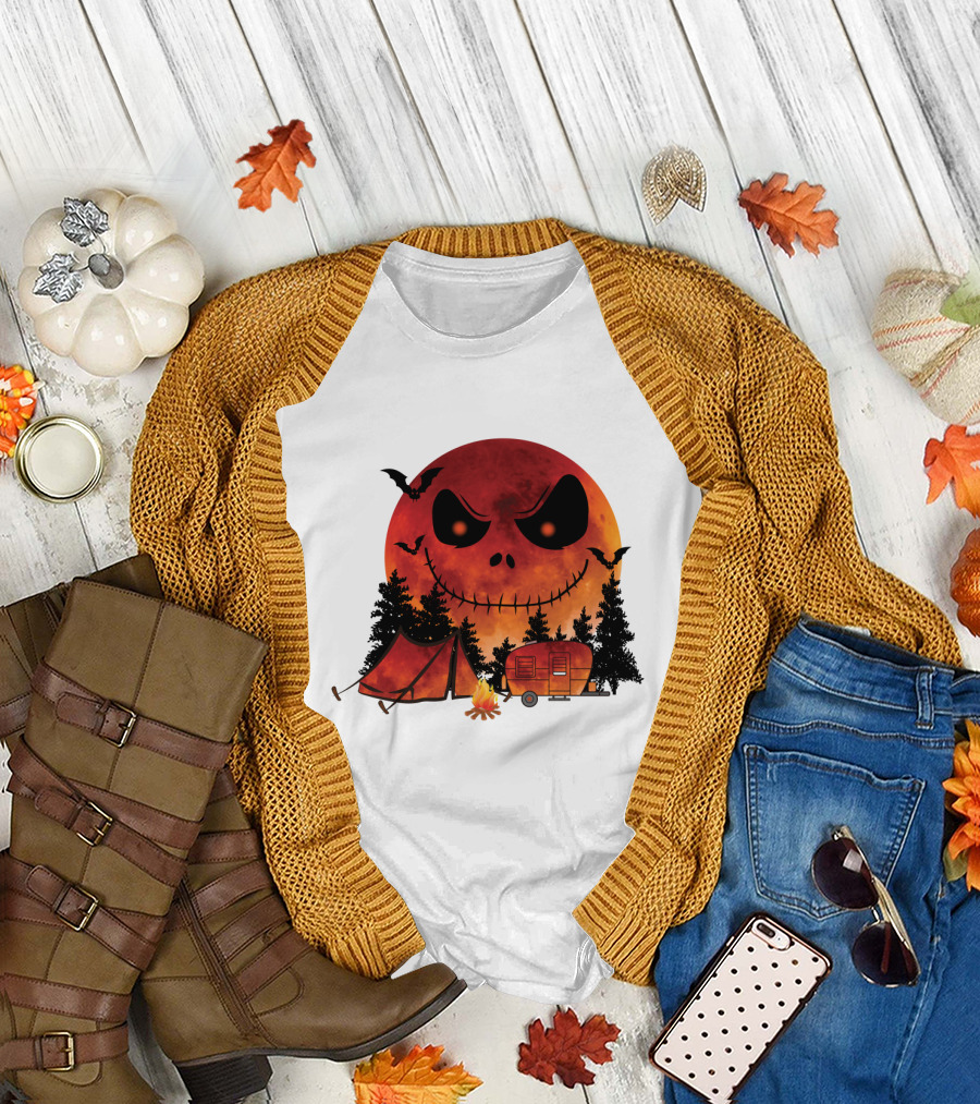 Jack Skellington Halloween Camping Under Blood Moon with Tent and Camper T-Shirt