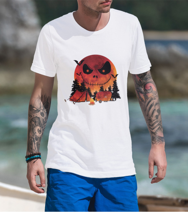Jack Skellington Halloween Camping Under Blood Moon With Tent And Camper T-Shirt