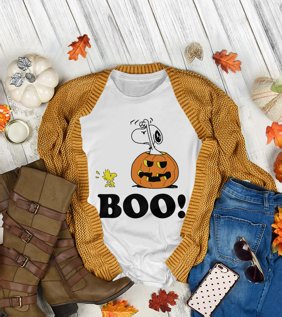 Peanuts Halloween Snoopy and Woodstock in Pumpkin BOO T-Shirt