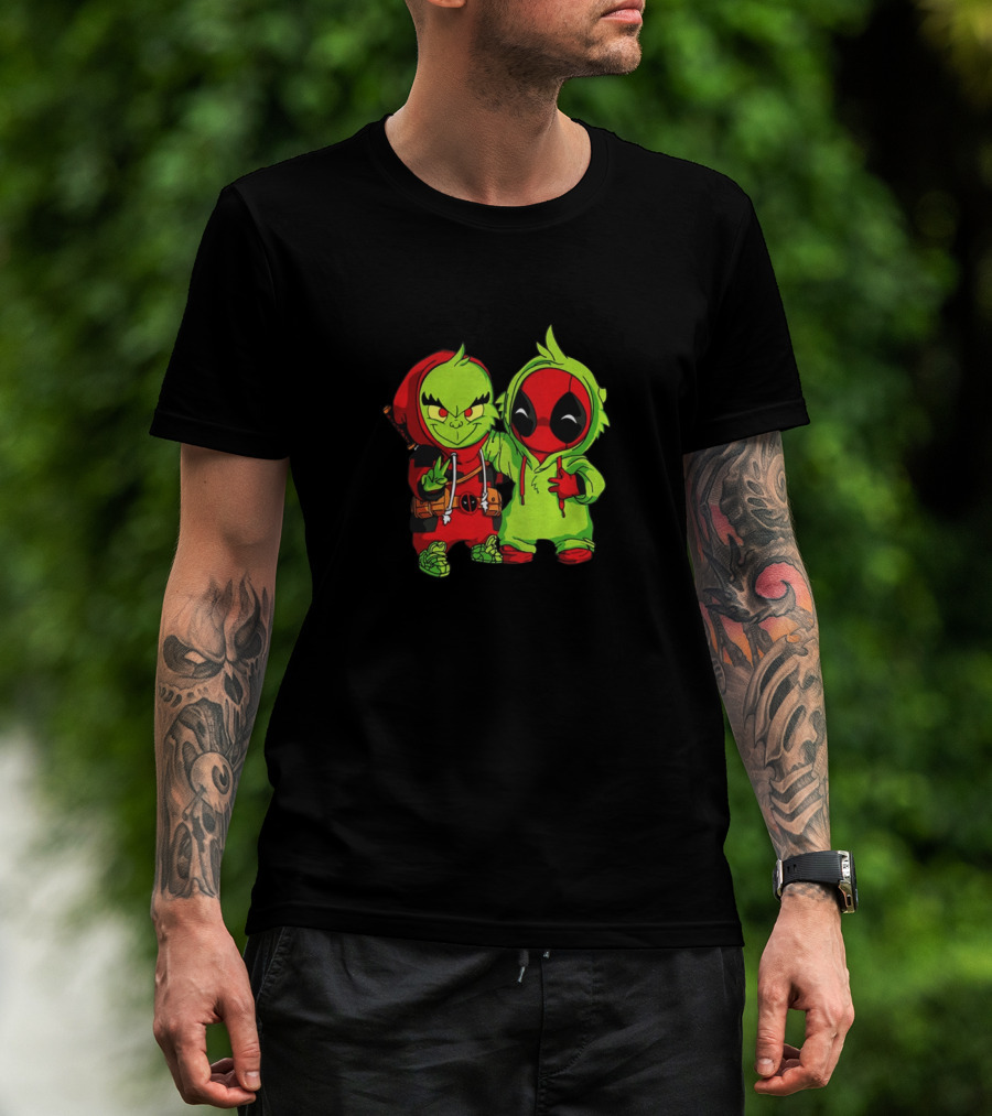 Baby Grinch And Baby Deadpool Crossover Cartoon Characters T-Shirt
