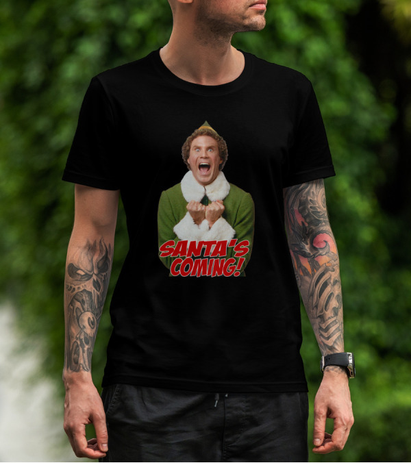 Santa's Coming Excited Elf Green Holiday T-Shirt