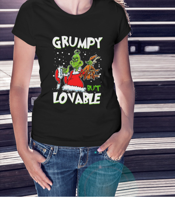 Grumpy But Lovable Grinch In Santa Suit Holding Max Illustrated T-Shirt
