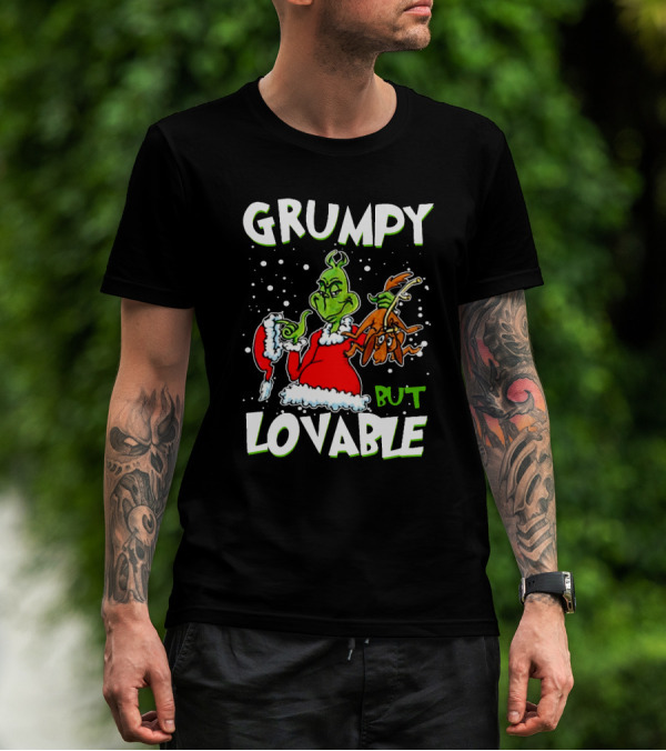 Grumpy But Lovable Grinch In Santa Suit Holding Max Illustrated T-Shirt