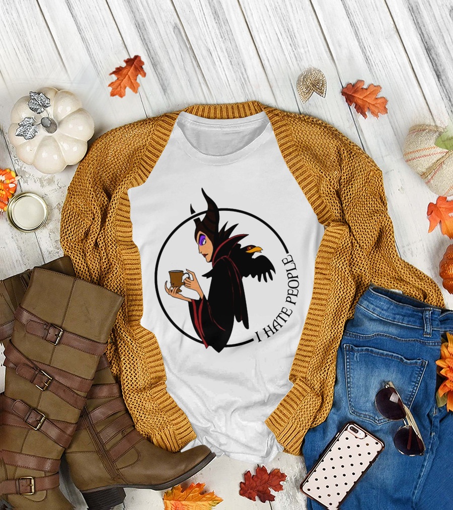 Maleficent Coffee Holding With I Hate People Text And Raven On Shoulder T-Shirt