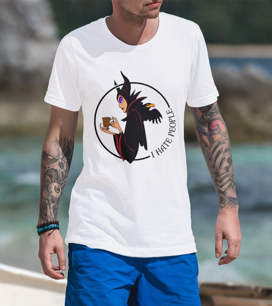 Maleficent Coffee Holding With I Hate People Text And Raven On Shoulder T-Shirt