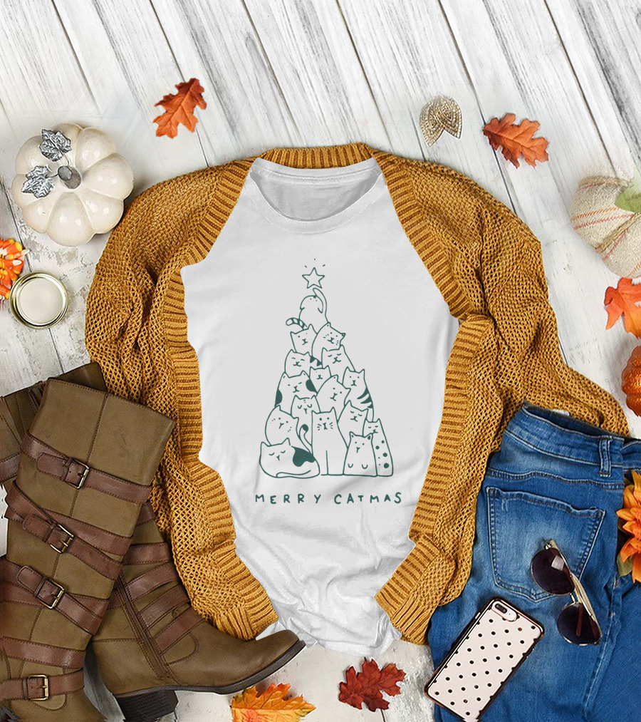 Merry Catmas Cat Christmas Tree Star Topper T-Shirt