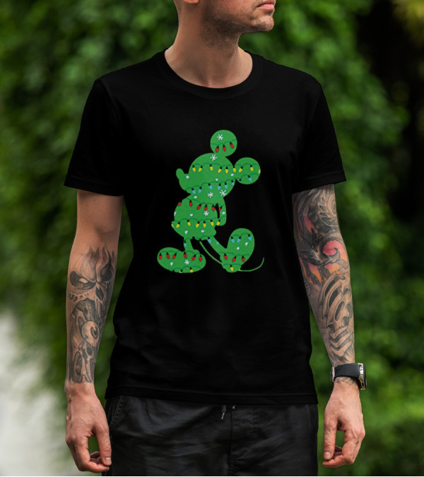 Mickey Mouse Silhouette With Festive Christmas Lights And Green Holiday T-Shirt