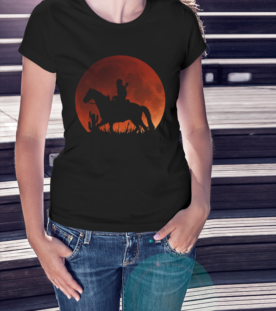 Red Moon Cowboy Riding Silhouette Red Dead Redemption T-Shirt