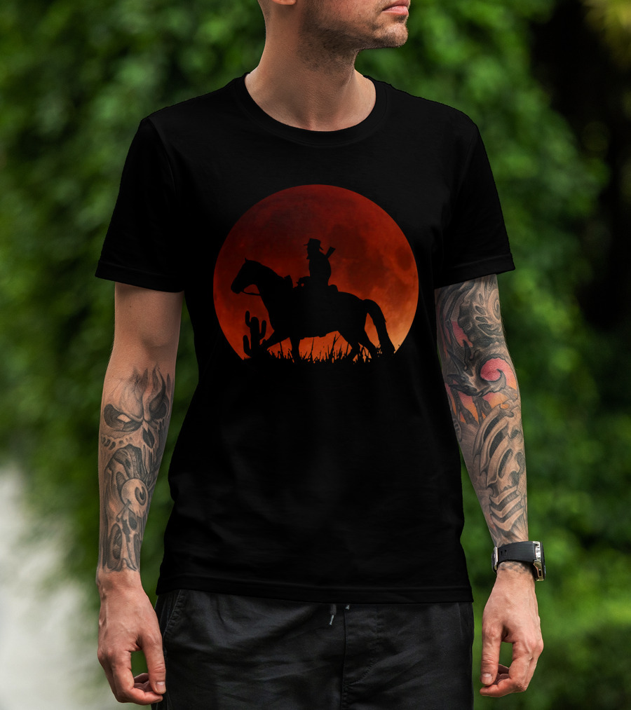 Red Moon Cowboy Riding Silhouette Red Dead Redemption T-Shirt