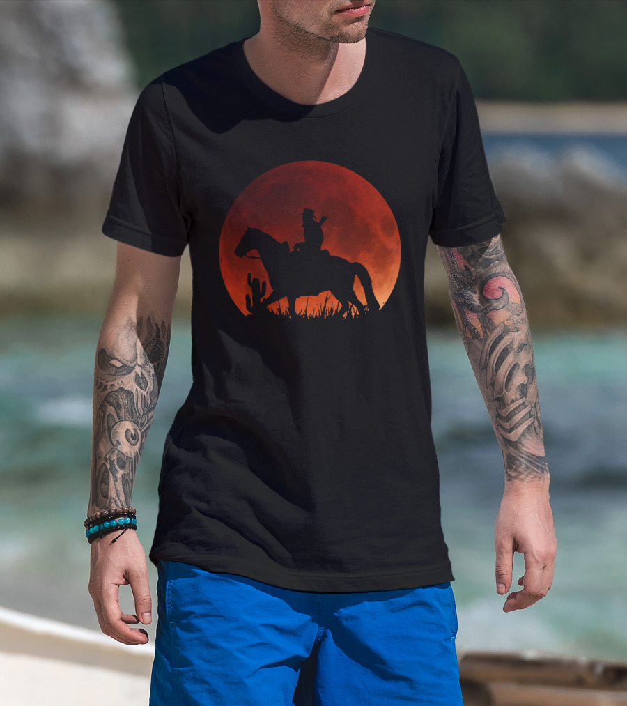 Red Moon Cowboy Riding Silhouette Red Dead Redemption T-Shirt