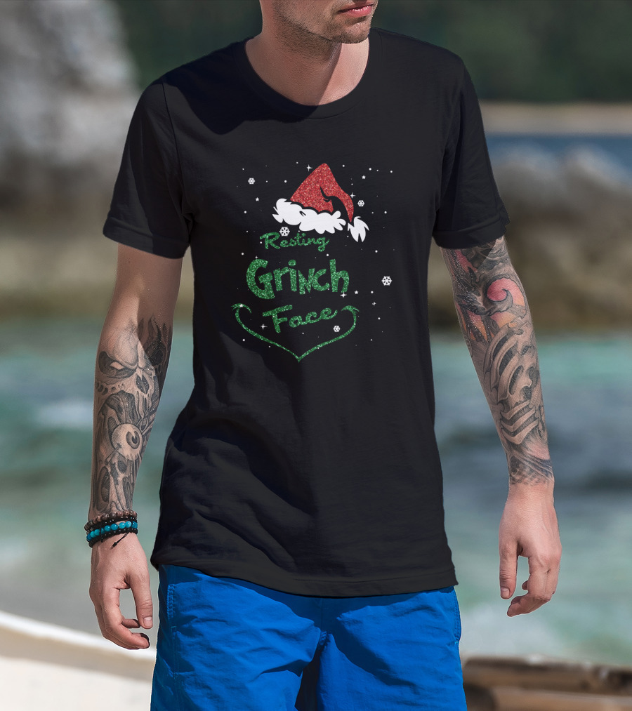 Resting Grinch Face Santa Hat Snowflakes T-Shirt