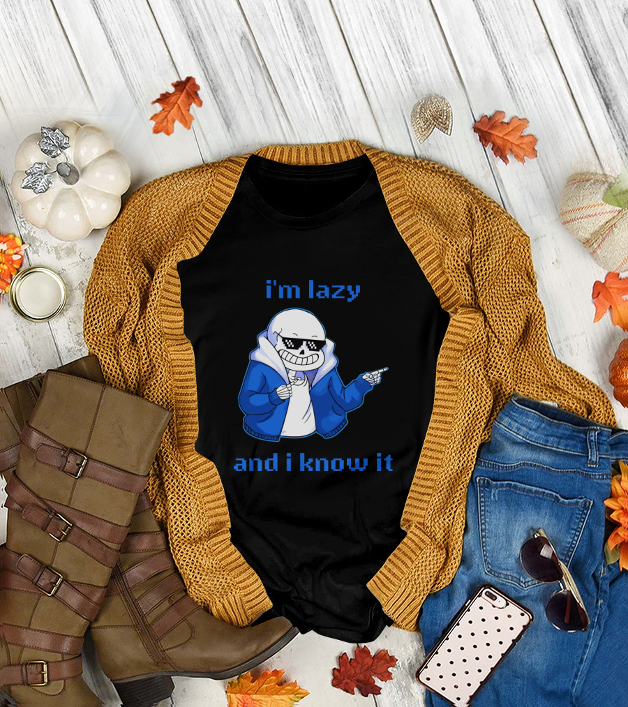 Sans Im Lazy And I Know It Cool Meme Skeleton in Blue Jacket T-Shirt