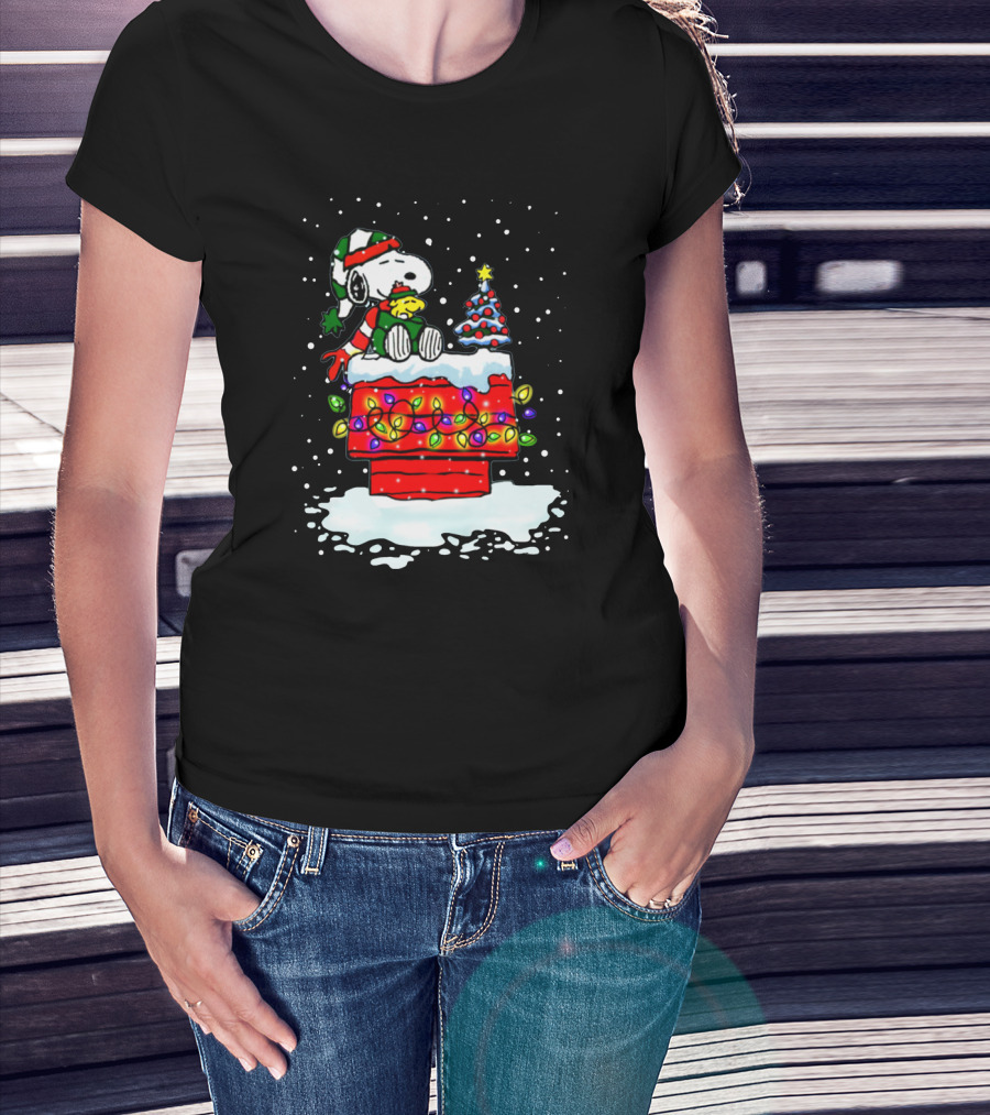 Snoopy Christmas Lights On Doghouse With Woodstock And Winter Scene From Peanuts T-Shirt
