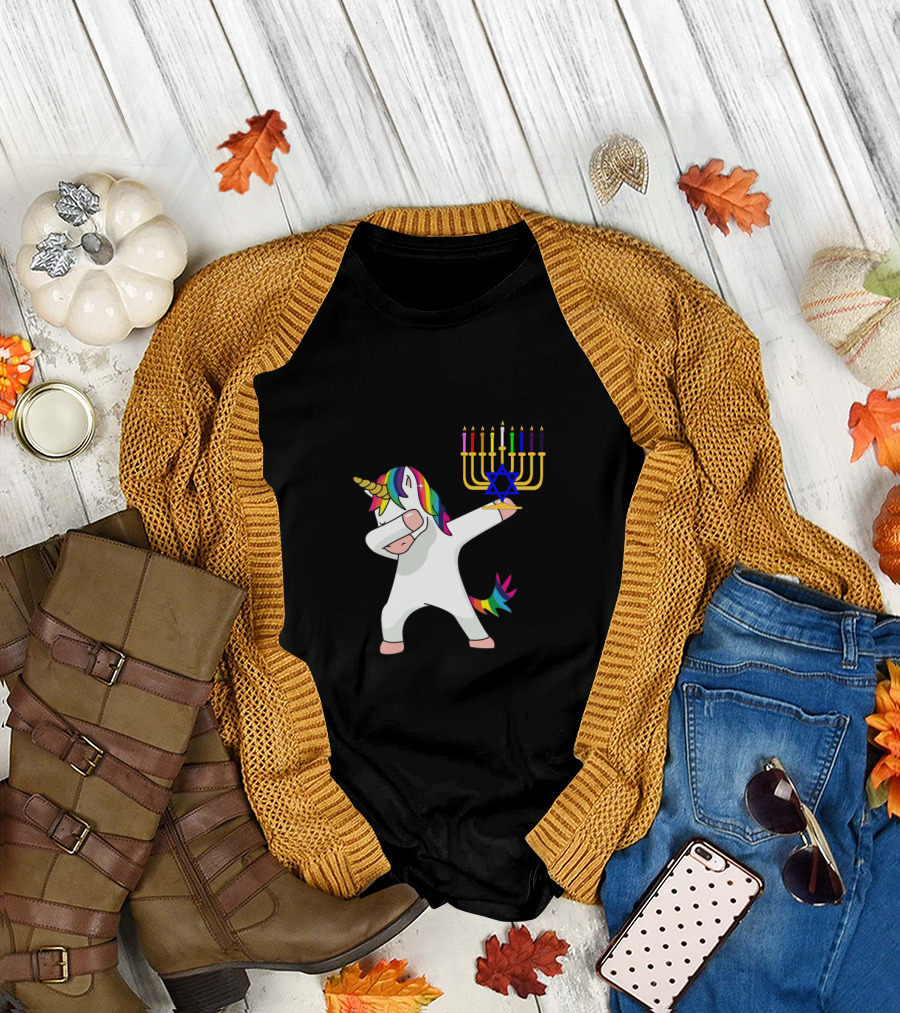 Unicorn Dabbing with Menorah Hanukkah Rainbow Mane and Tail T-Shirt