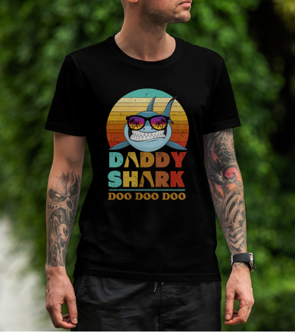 Daddy Shark Doo Doo Doo Retro Sunset Sunglasses Palms Colorful T-Shirt