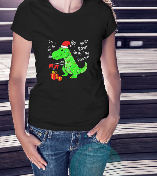 Santa Hat Dinosaur With Christmas Lights And Presents Singing Fa Ra Ra Ra Rawr Raaawr Tree Rex T-Shirt
