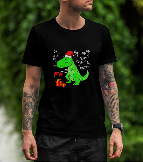 Santa Hat Dinosaur With Christmas Lights And Presents Singing Fa Ra Ra Ra Rawr Raaawr Tree Rex T-Shirt