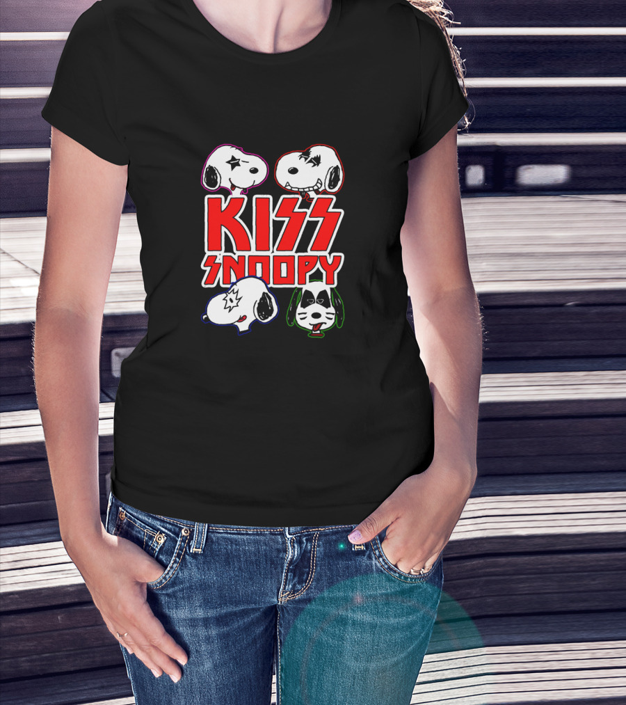 Kiss Snoopy Cartoon Characters Heavy Metal Style Iconic Band Faces T-Shirt