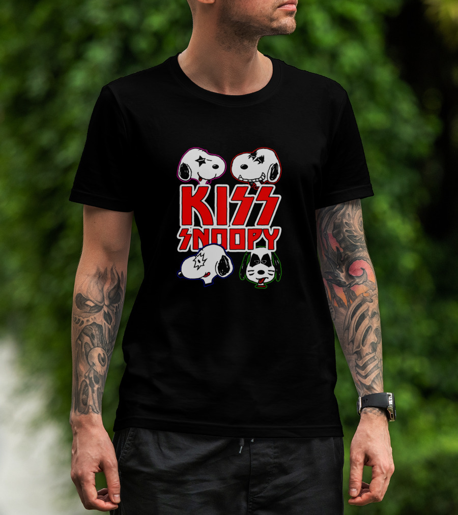 Kiss Snoopy Cartoon Characters Heavy Metal Style Iconic Band Faces T-Shirt