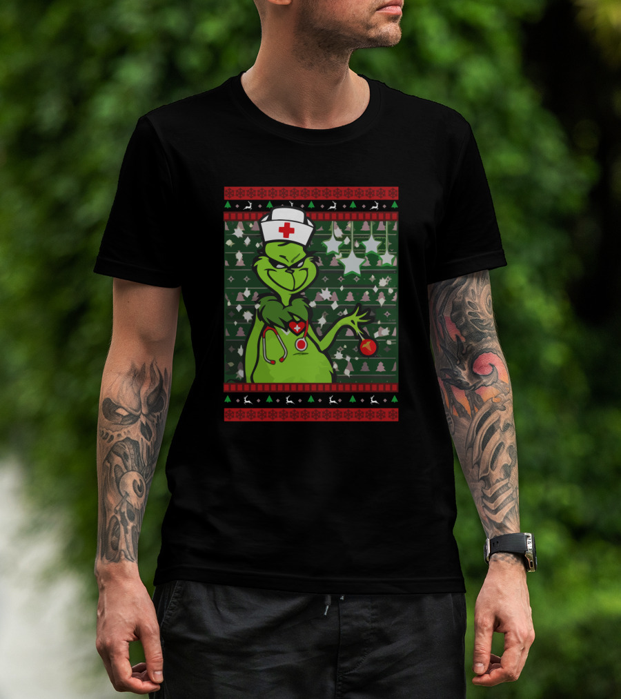 Nurse Ugly Sweater Merry Christmas Grinch With Nurse Hat And Stethoscope T-Shirt