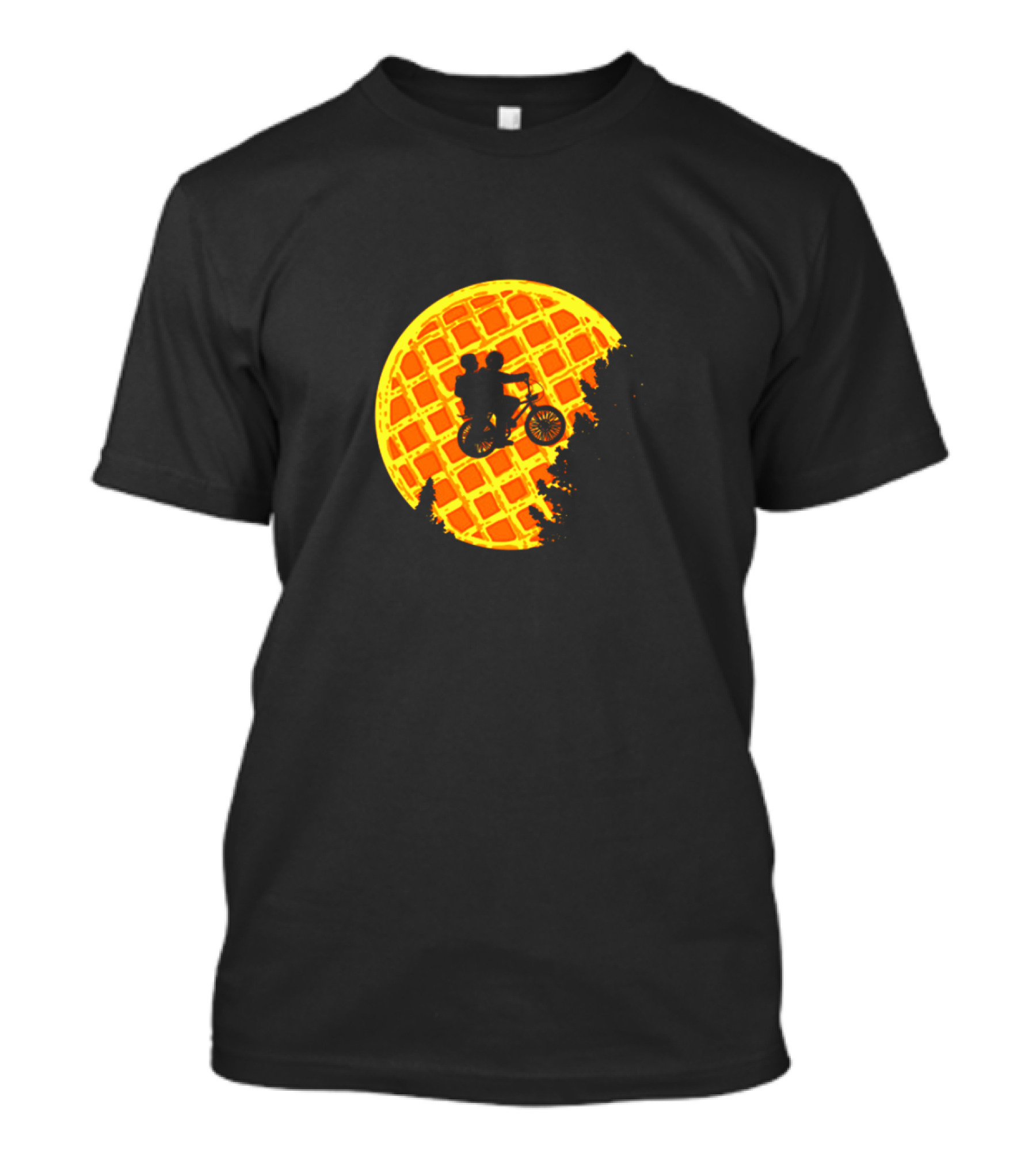 Stranger Things Bicycle Silhouette Against Waffle Moon T-Shirt
