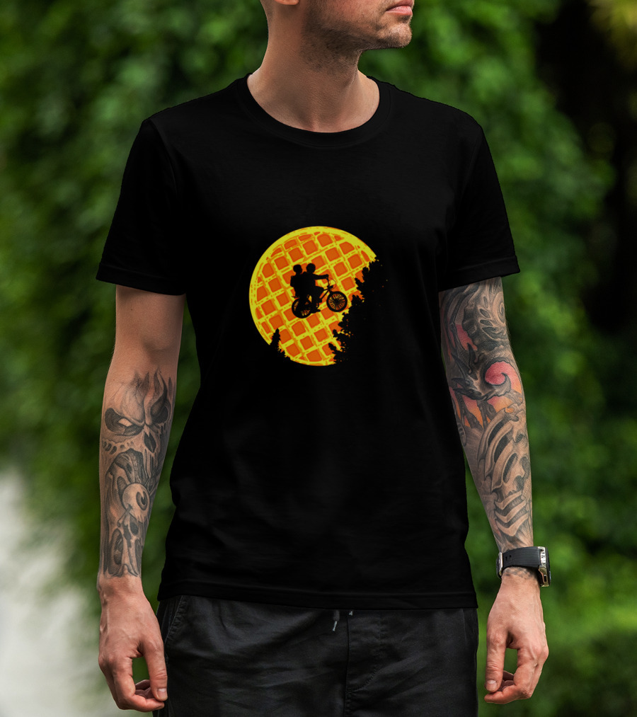 Stranger Things Bicycle Silhouette Against Waffle Moon T-Shirt