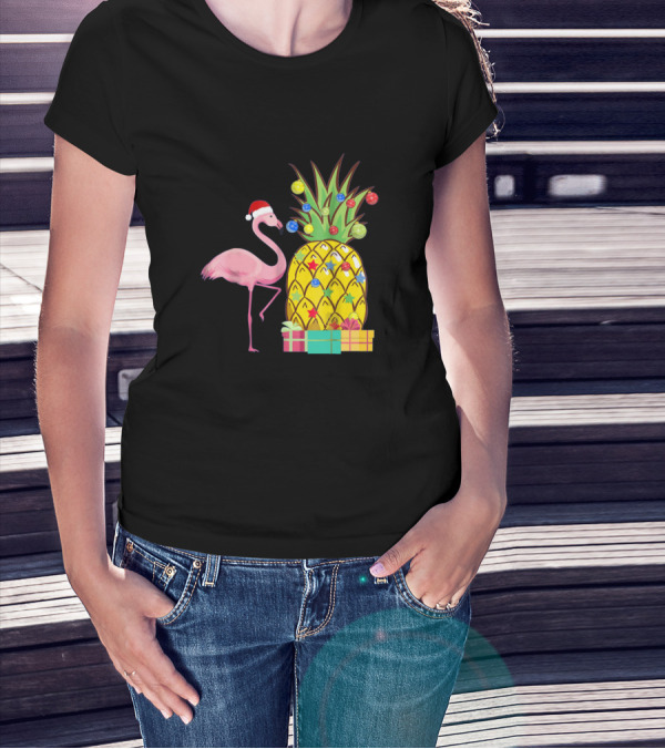 Santa Flamingo Christmas Pineapple With Colorful Ornaments And Holiday Gifts T-Shirt