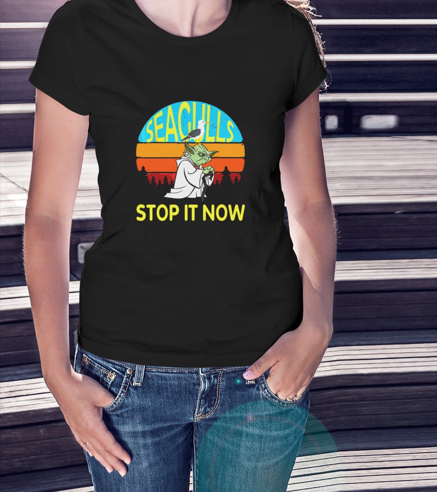 Seagulls Stop It Now Funny Retro Yoda Influence Vintage Sunset T-Shirt