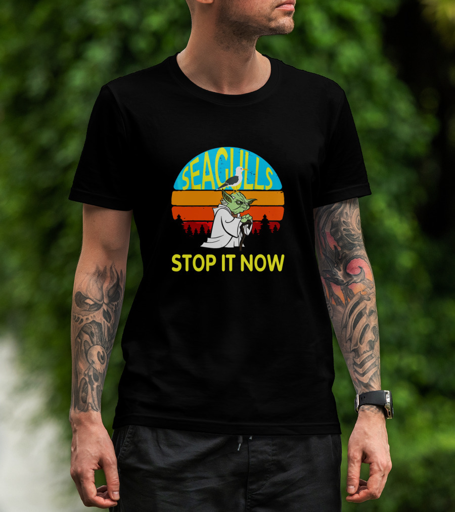 Seagulls Stop It Now Funny Retro Yoda Influence Vintage Sunset T-Shirt