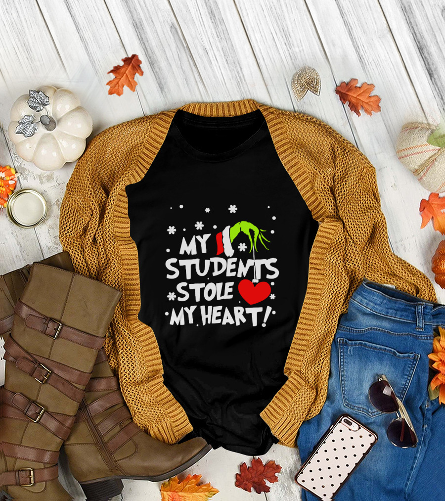 Teacher Grinch My Students Stole My Heart Holiday Santa Hand Snowflakes T-Shirt