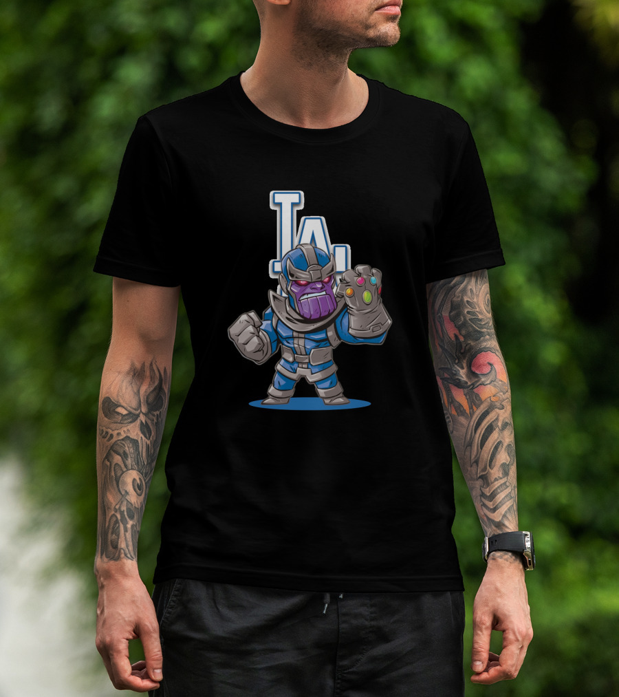 Thanos In Los Angeles Dodgers Colors With Infinity Gauntlet Front Of LA T-Shirt
