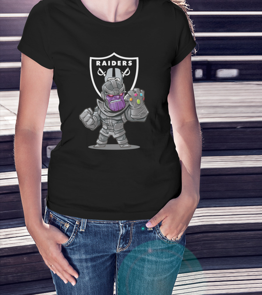 Raiders Shield With Thanos Character Holding Infinity Gauntlet T-Shirt