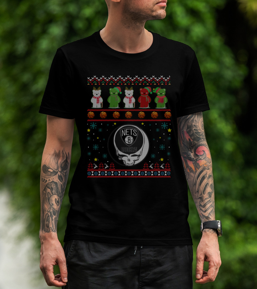 Brooklyn Nets Grateful Dead Bears Christmas Basketball T-Shirt