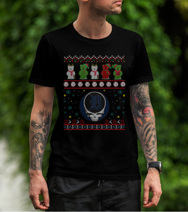 Detroit Tigers Bears Grateful Dead Ugly Christmas Sweater Baseball T-Shirt