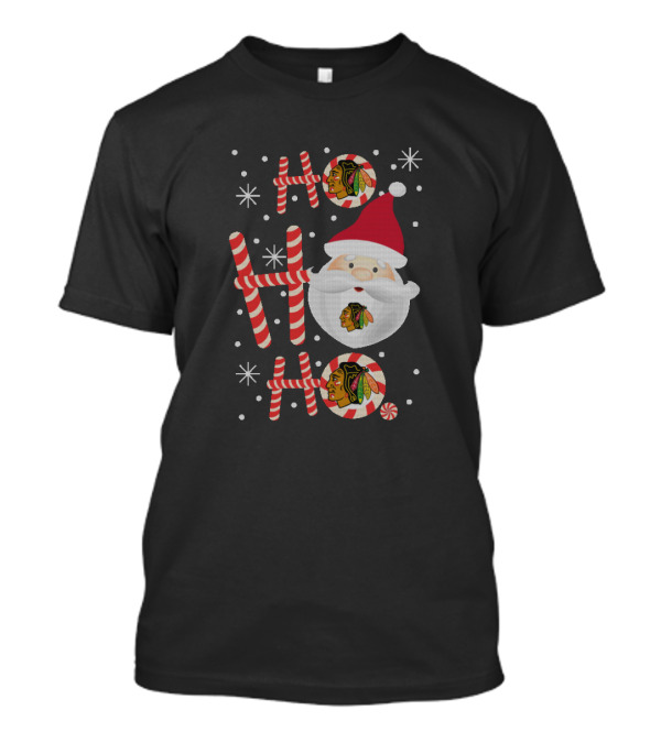 Ho Ho Ho Xmas Santa With Chicago Blackhawks Logos And Candy Canes T-Shirt