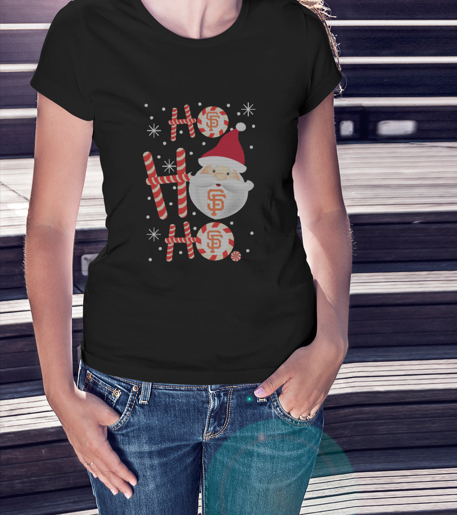 Ho Ho Ho Christmas San Francisco Giants Fans Santa Hat Candy Cane Snowflakes T-Shirt