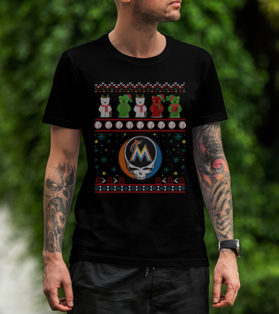 Miami Marlins Grateful Dead Bears Holiday Baseball Mashup T-Shirt