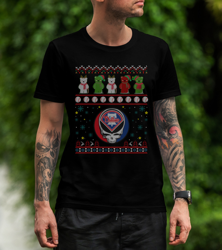 Philadelphia Phillies Grateful Dead Bears Baseball Skull Winter T-Shirt